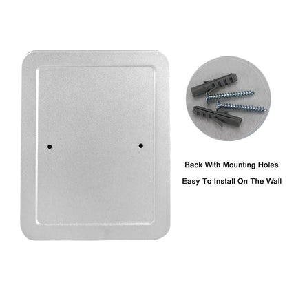 Wall-mounted panel with mounting holes and screws on a white background