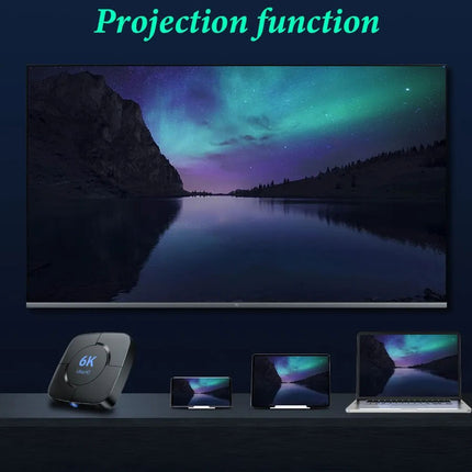 Projection function display with a large screen showing a scenic view, accompanied by smaller screens and devices.