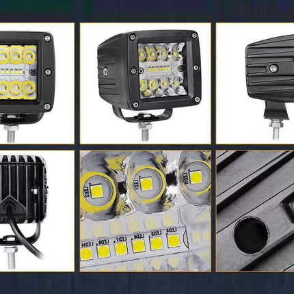 Collage of different LED work lights with close-up details on a dark background