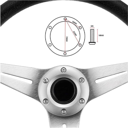 Close-up of a metallic steering wheel hub with measurement details on a white background