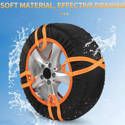 An orange and black tire drainage strap system wrapped around a silver alloy wheel, set against a blue background with water splash graphics and text reading 'SOFT MATERIAL, EFFECTIVE DRAINAGE'.