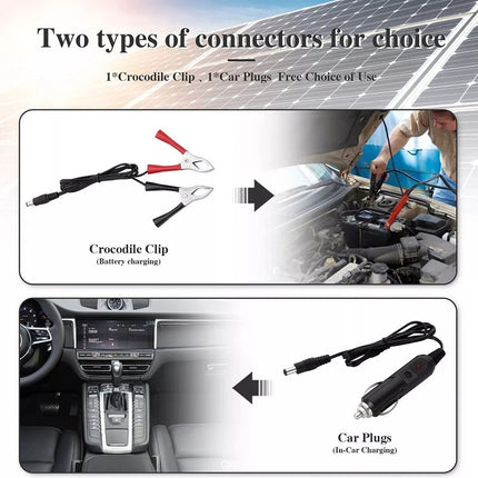 Two types of connectors for choice with crocodile clip and car plugs on a white background.