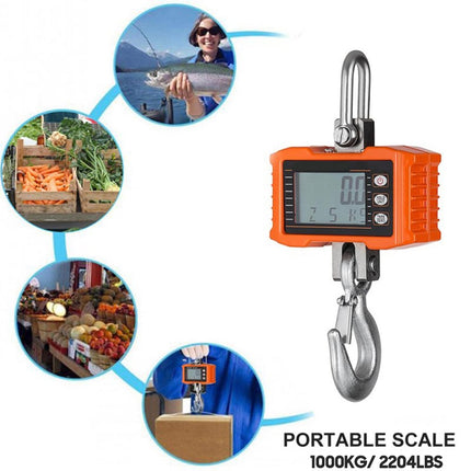 Orange digital portable scale with images of its usage on a white background