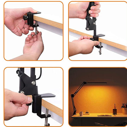 Step-by-step process of using a clamp to attach a desk lamp to a wooden surface, with a final image of the lamp on a desk.