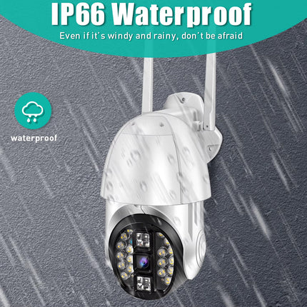 A white outdoor security camera with dual antennas, shown against a dark gray rainy background with 'IP66 Waterproof' text and a cloud icon.