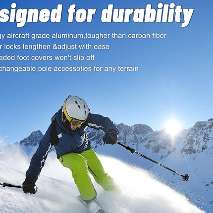 Person skiing on a snowy mountain with text about durability features.