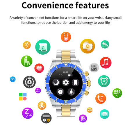 A silver and gold smartwatch with a blue bezel is centered on a white background, surrounded by colorful app icons and the heading 'Convenience features' at the top.
