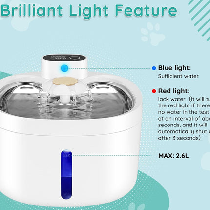 Pet water fountain with blue and red light indicators on a teal background
