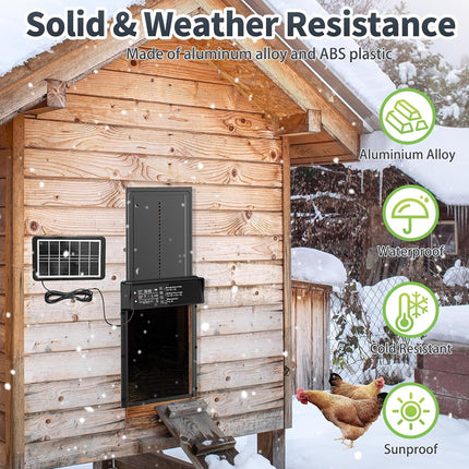 Wooden chicken coop with solid and weather resistance features, including aluminium alloy, waterproof, cold-resistant, and sunproof elements.
