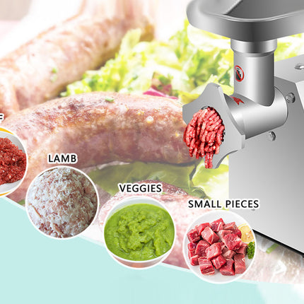 Meat grinder with ground meat and various food ingredients displayed around it.
