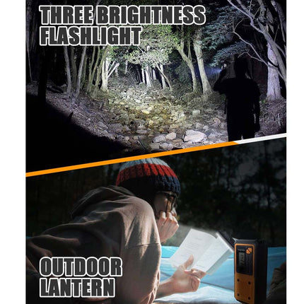 A split promotional graphic showing two outdoor light products: at the top, a flashlight beam illuminates a forest path with the text 'THREE BRIGHTNESS FLASHLIGHT'; at the bottom, a person outdoors uses a small orange-and-black lantern next to a glowing book with the text 'OUTDOOR LANTERN'.