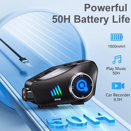 Black car recorder with battery life details on a blue and white background