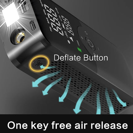 Close-up of a black vape device with a labeled 'Deflate Button' and cyan airflow arrows showing air release, plus text reading 'One key free air release' on a dark background.