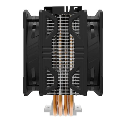 A high-performance CPU cooler featuring a black dual-fan heatsink with copper heat pipes and a white mounting plate, shown against a solid white background.
