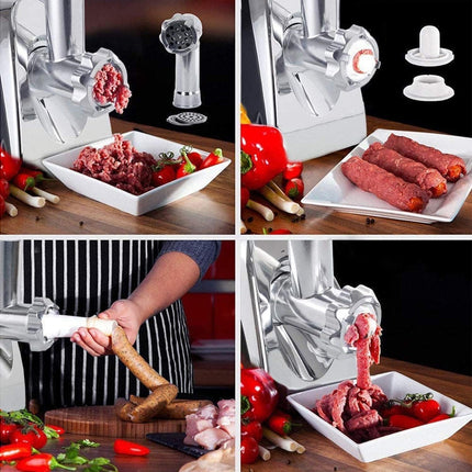 Collage of a meat grinder in use with ground meat and ingredients on a table.
