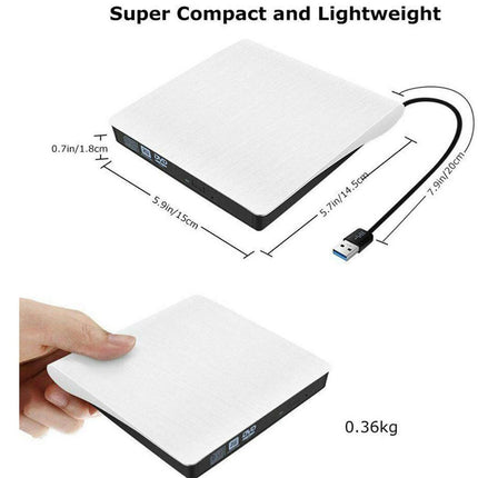Compact external hard drive with dimensions and weight displayed on a white background