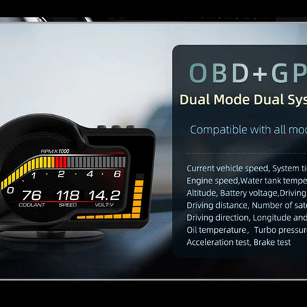 Car dashboard display with OBD+GPS system features on a blurred background