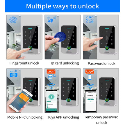 An infographic titled 'Multiple ways to unlock' showing six different unlocking methods for a smart door lock: fingerprint unlock, ID card unlocking, password unlock, mobile NFC unlocking, Tuya APP unlocking, and temporary password unlocking. Each panel includes a small demonstration photo of the lock in use and text labels.