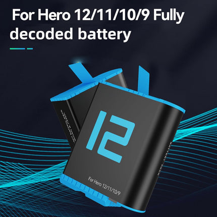 A black rectangular battery pack with bright blue accents and a large blue '12' printed on the front, shown floating over a dark blue graphic background with text reading 'For Hero 12/11/10/9 Fully decoded battery.'.