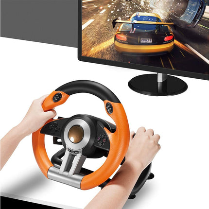 Person using an orange and black steering wheel with a monitor displaying a racing game.