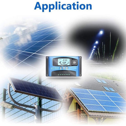 Solar panel system with digital display and outdoor application scene.