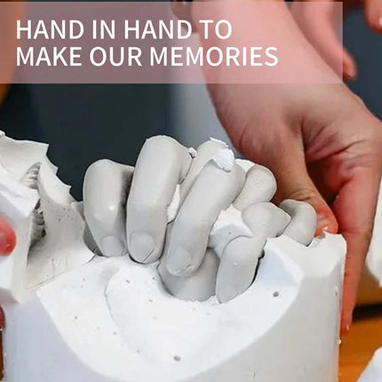 Hands working with clay to create a mold, with text 'Hand in Hand to Make Our Memories' above.