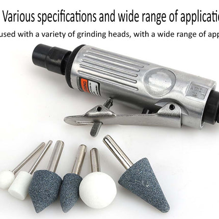 Dremel-style rotary tool with interchangeable grinding heads on a white background
