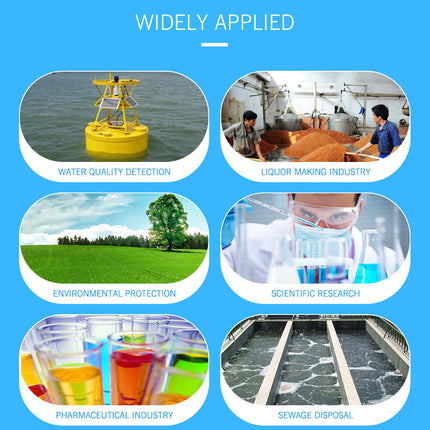 Images of water quality detection, liquor making industry, environmental protection, scientific research, pharmaceutical industry, and sewage disposal on a blue background.