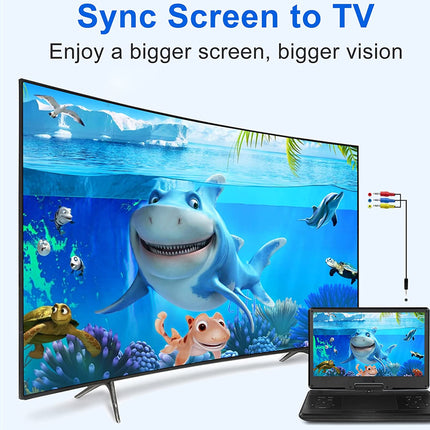Sync screen to TV setup with shark cartoon on screen and cable.