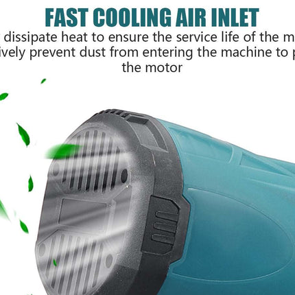 A teal and gray power tool shown on a white background with marketing text reading 'FAST COOLING AIR INLET' and a green airflow graphic.