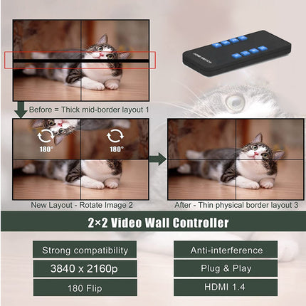 2x2 video wall controller with images of a cat and text about features