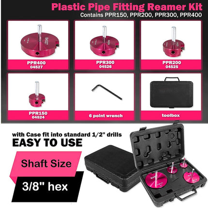 Plastic pipe fitting reamer kit with case and tools on a white background