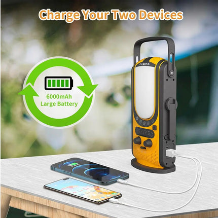 Emergency Weather Radio - Solar & Hand-Crank Power Source | 6000mAh Power Bank IP66 Waterproof LED Camping Lantern FM/NOAA SOS Alarm Orange