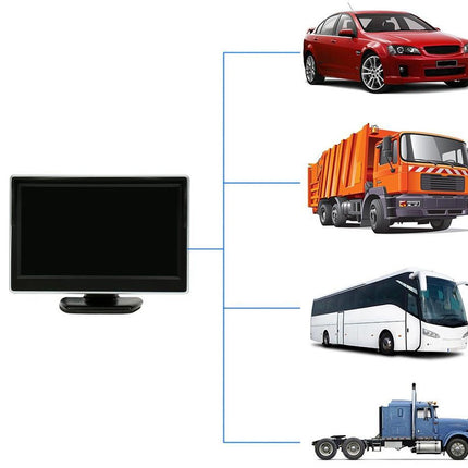 Illustration of a computer monitor, red car, orange truck, white bus, and blue truck on a white background.