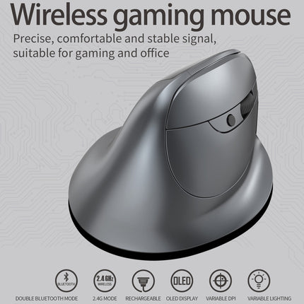 Gray wireless gaming mouse on a light gray background with text about its features.