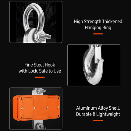Product features including a high-strength thickened hanging ring, fine steel hook with lock, and aluminum alloy shell on a black background.
