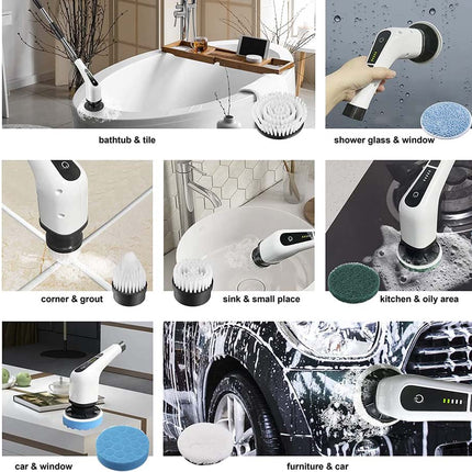 Multifunctional cleaning brush with various cleaning scenarios on a white background