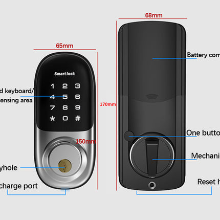 Smart lock with labeled features and dimensions on a gray background