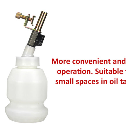 A white plastic spray bottle with a brass and black spray nozzle, shown next to red text that reads 'More convenient and fast operation. Suitable for small spaces in oil tanks' on a white background.