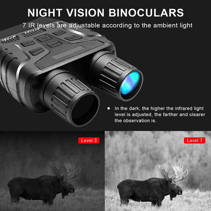Night vision binoculars with adjustable infrared levels, shown with moose in dark and light conditions.