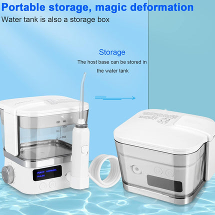 A portable white and silver water fountain and storage device shown in two views on a blue water-texture background with explanatory text about storage and magic deformation.