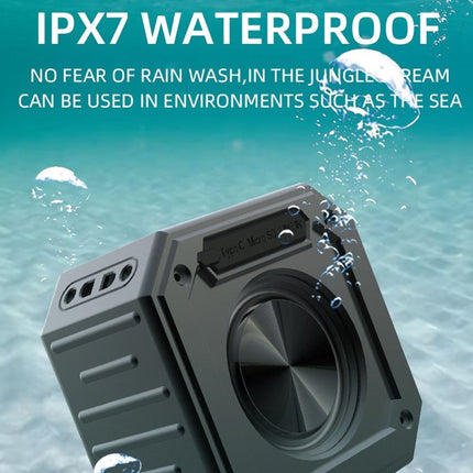 Waterproof speaker with IPX7 rating submerged in water, text about its durability.