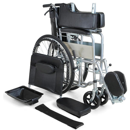 Wheelchair with attached tray and footrests on a white background