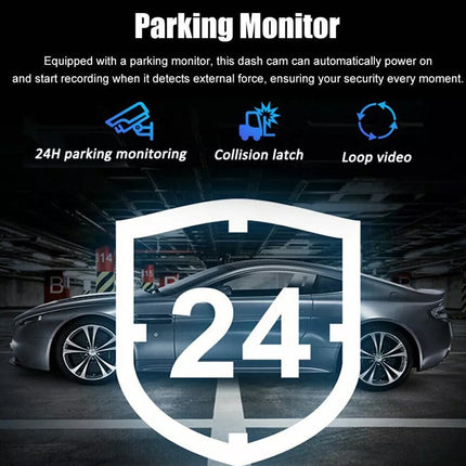Promotional graphic for a parking monitor dash cam, featuring a dark car in a parking garage with a large white '24' shield overlay, text describing 24-hour monitoring, collision latch, and loop video, and blue feature icons on a black background.