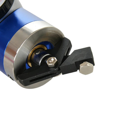 Close-up of a blue and silver mechanical device on a white background