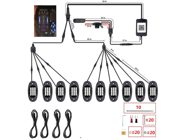 Wiring diagram and LED lights set on a white background