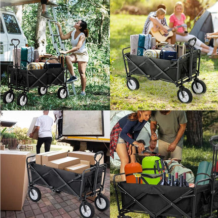 Collage of a black folding wagon being used outdoors with various activities.