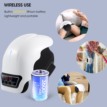 A white and black wireless knee massage device shown with a blue 3600mAh battery on a light blue-gray background, with three circular inset photos demonstrating the product being used on a knee at home and in a public setting.