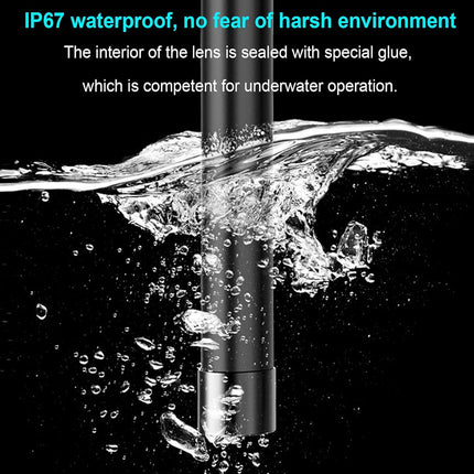 Camera lens submerged in water with text about IP67 waterproof rating.