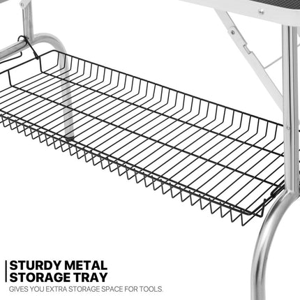 Sturdy metal storage tray on a white background with text highlighting its features.
